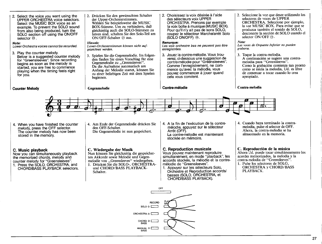 Counter melody, Contre-mélodie, C. music playback | C. wiedergabe der musik, C. reproduction musicale, C. reproducción de la música, I i j | Yamaha PS-6100 User Manual | Page 29 / 44