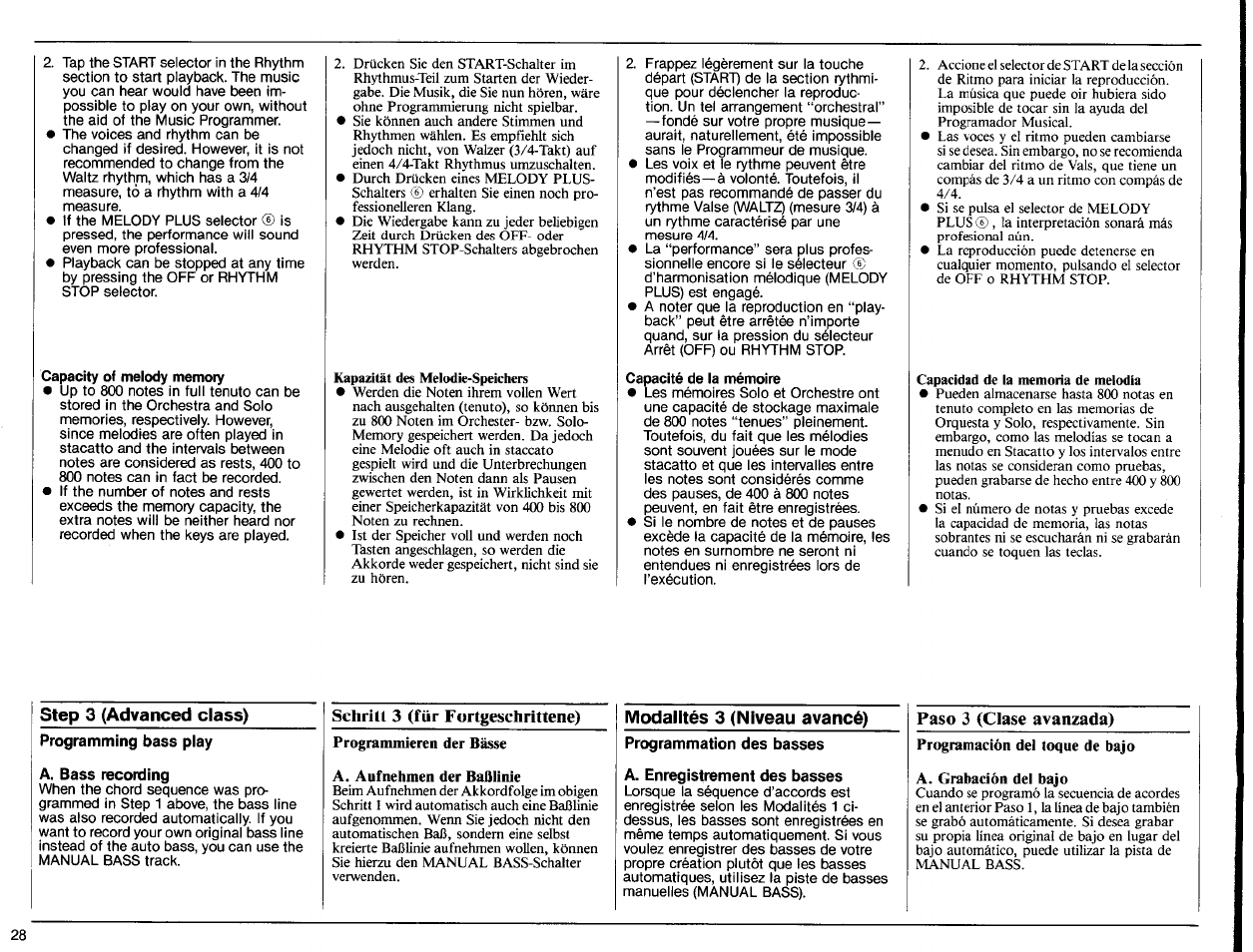 Capacity of melody memory, Step 3 (advanced class), Programming bass play | A. bass recording, Schritt 3 (für fortgeschrittene), A. aufnehmen der baßlinie, Modalités 3 (niveau avancé), Programmation des basses, A. enregistrement des basses, Paso 3 (clase avanzada) | Yamaha PS-6100 User Manual | Page 30 / 44