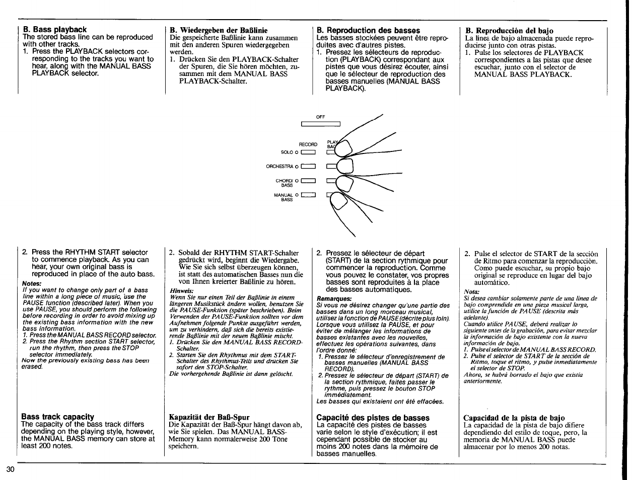 Bass playback, B. wiedergeben der baßlinie, B. reproduction des basses | B. reproducción del bajo, Bass track capacity, Kapazität der baß-spur, Capacité des pistes de basses, Capacidad de la pista de bajo | Yamaha PS-6100 User Manual | Page 32 / 44