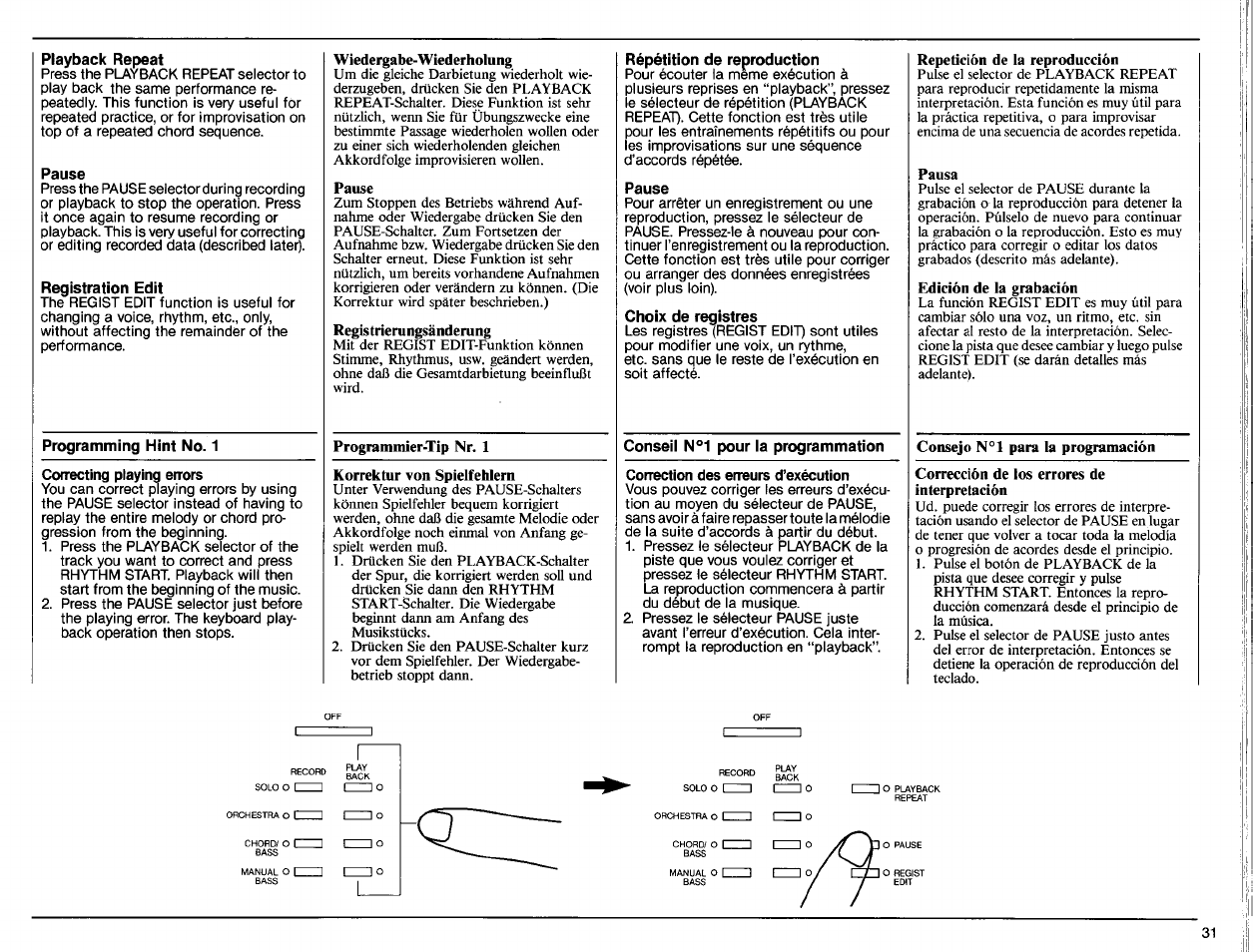 Playback repeat, Pause, Registration edit | Programming hint no. 1, Correcting playing en-ors, Wiedergabe-wiederholung, Registrierungsänderung, Programmier-tip nr. 1, Korrektur von spielfehlern, Répétition de reproduction | Yamaha PS-6100 User Manual | Page 33 / 44