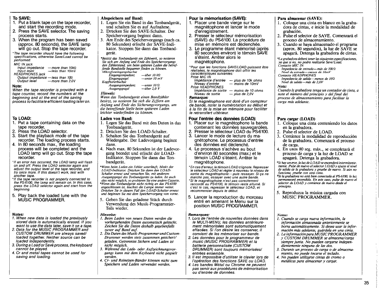 To save, To load, Pour la mémorisation (sav | Yamaha PS-6100 User Manual | Page 37 / 44