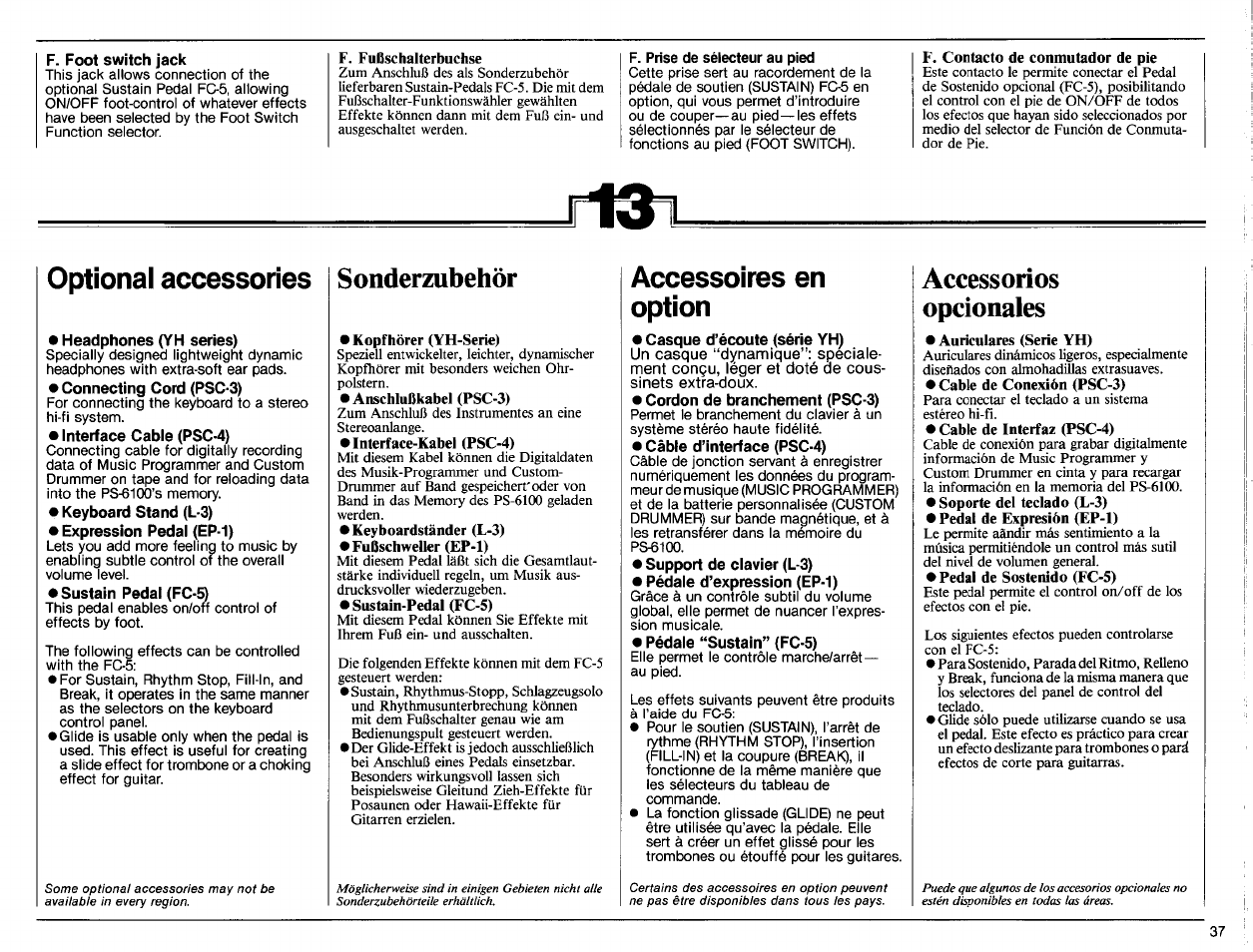 F. foot switch jack, F. fußschalterbuchse, F. contacto de conmutador de pie | Headphones (yh series), Connecting cord (psc-3), Interface cable (psc-4), Keyboard stand (l-3), Expression pedal (ep-1), Sustain pedal (fc, Sonderzubehör | Yamaha PS-6100 User Manual | Page 39 / 44