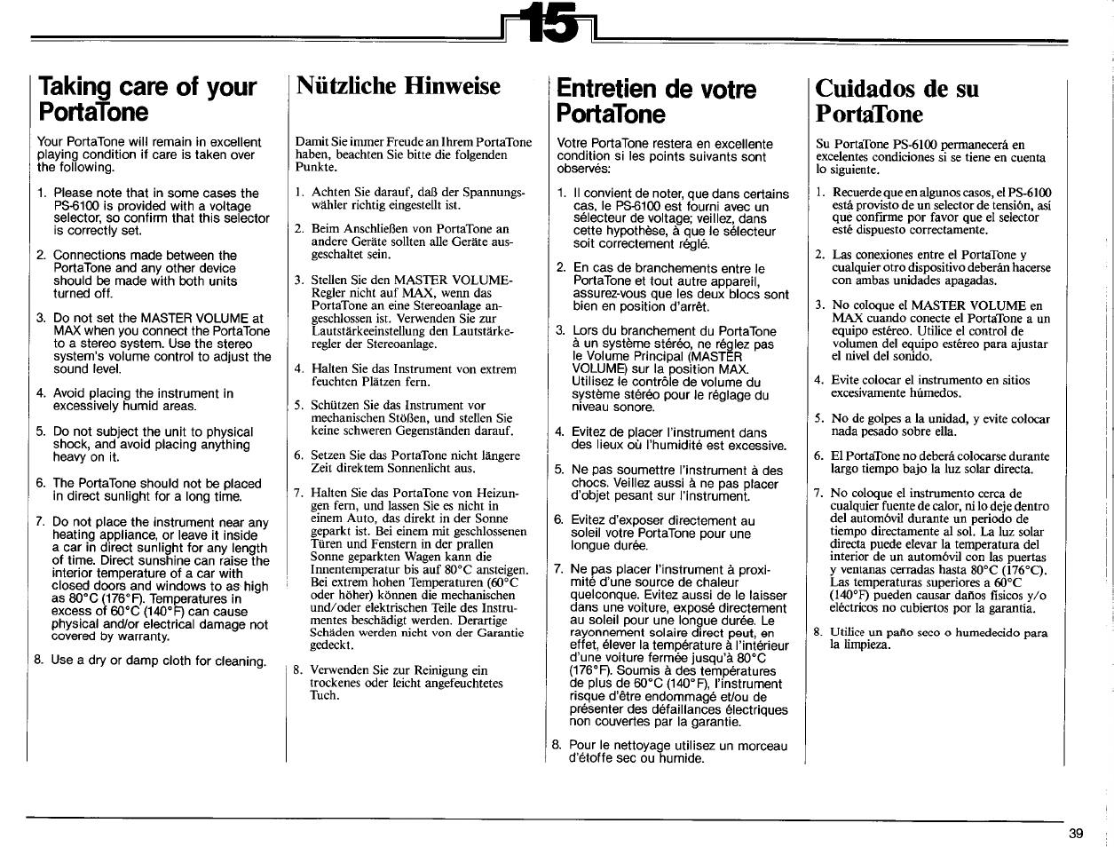 Nützliche hinweise, Cuidados de su portatone, Cuidados para su portatone | Taking care of your portatone, Entretien de votre portatone | Yamaha PS-6100 User Manual | Page 41 / 44