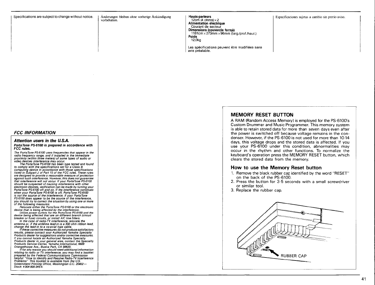 Memory reset button, How to use the memory reset button | Yamaha PS-6100 User Manual | Page 43 / 44