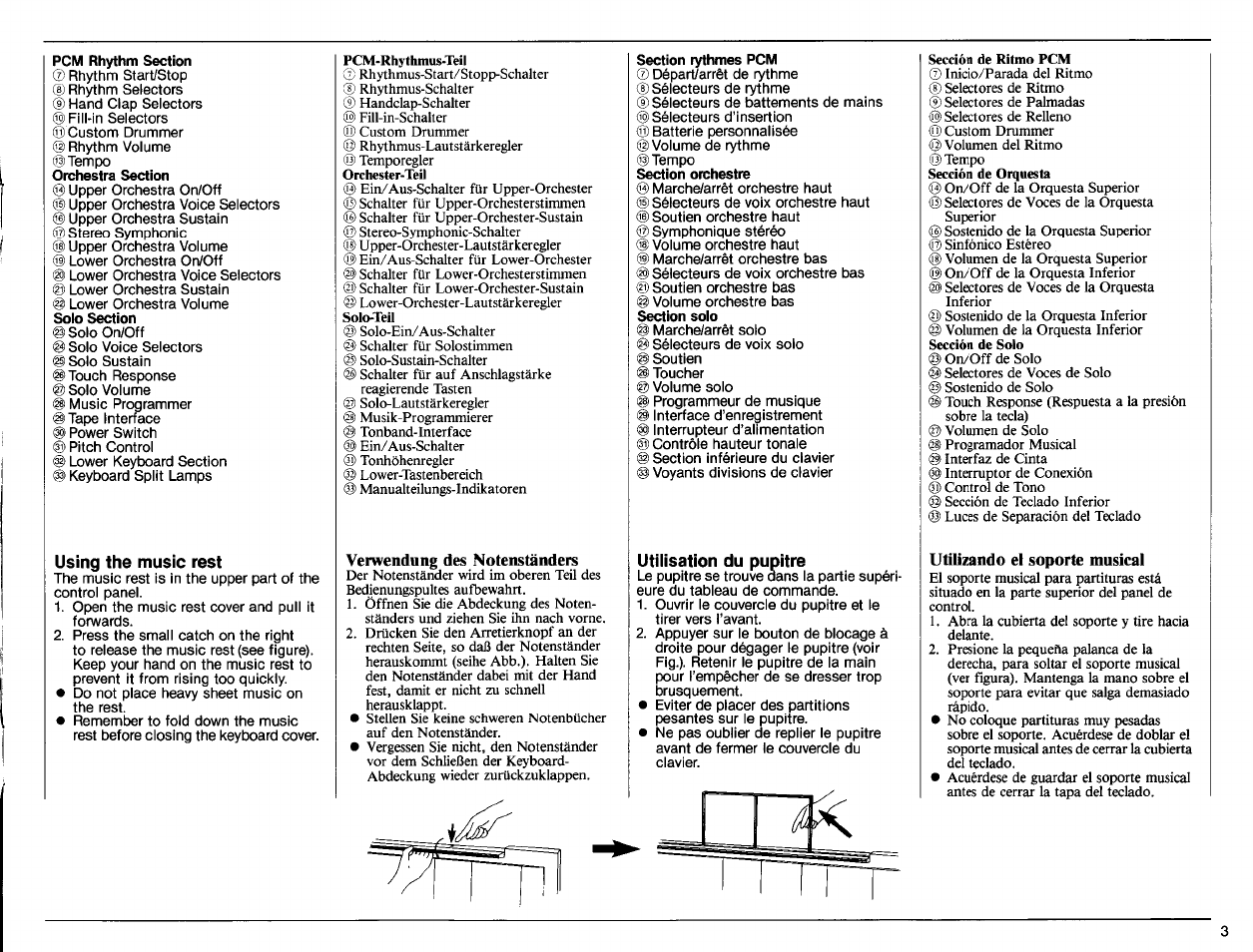 Using the music rest, Utilisation du pupitre | Yamaha PS-6100 User Manual | Page 5 / 44