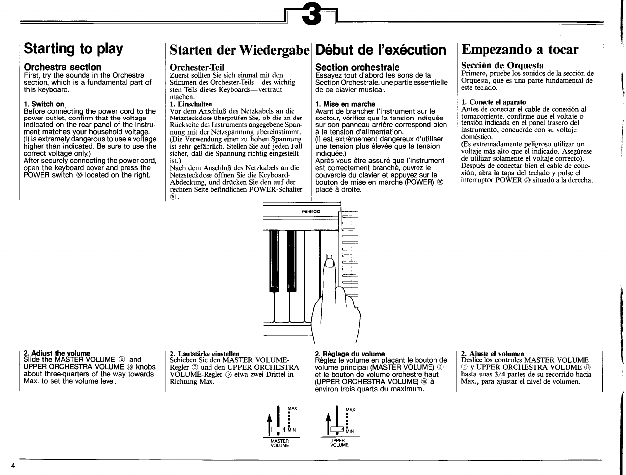 Orchestra section, Switch on, Adjust the volume | Starten der wiedergabe, Orchester-teil, Section orchestrale, Mise en marche, Réglage du volume, Empezando a tocar, Sección de orquesta | Yamaha PS-6100 User Manual | Page 6 / 44