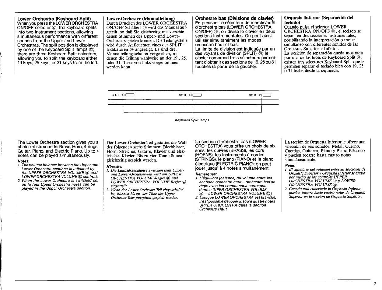 Lower orchestra (keyboard split), Lower-orchester (manualteilung), Orchestre bas (divisions de ciavier) | Orquesta inferior (separación del teclado) | Yamaha PS-6100 User Manual | Page 9 / 44