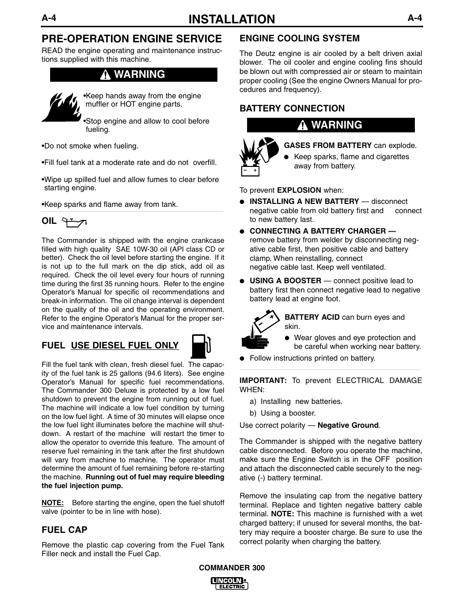 Installation, Pre-operation engine service, Warning | Lincoln Electric IM601 Commander 300 User Manual | Page 12 / 58