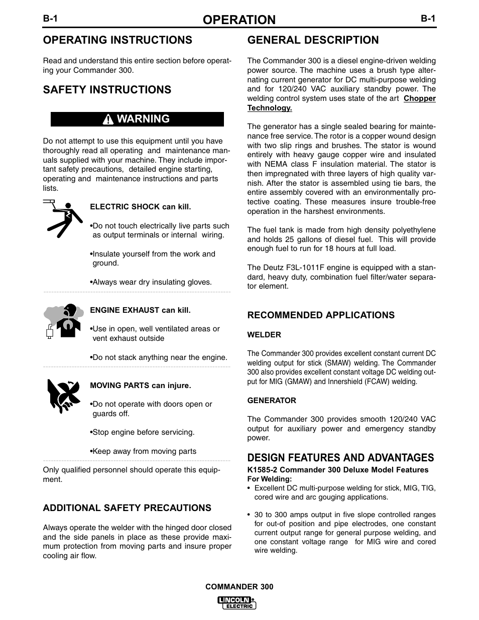 Operation, Operating instructions, Safety instructions | General description, Design features and advantages, Warning | Lincoln Electric IM601 Commander 300 User Manual | Page 18 / 58