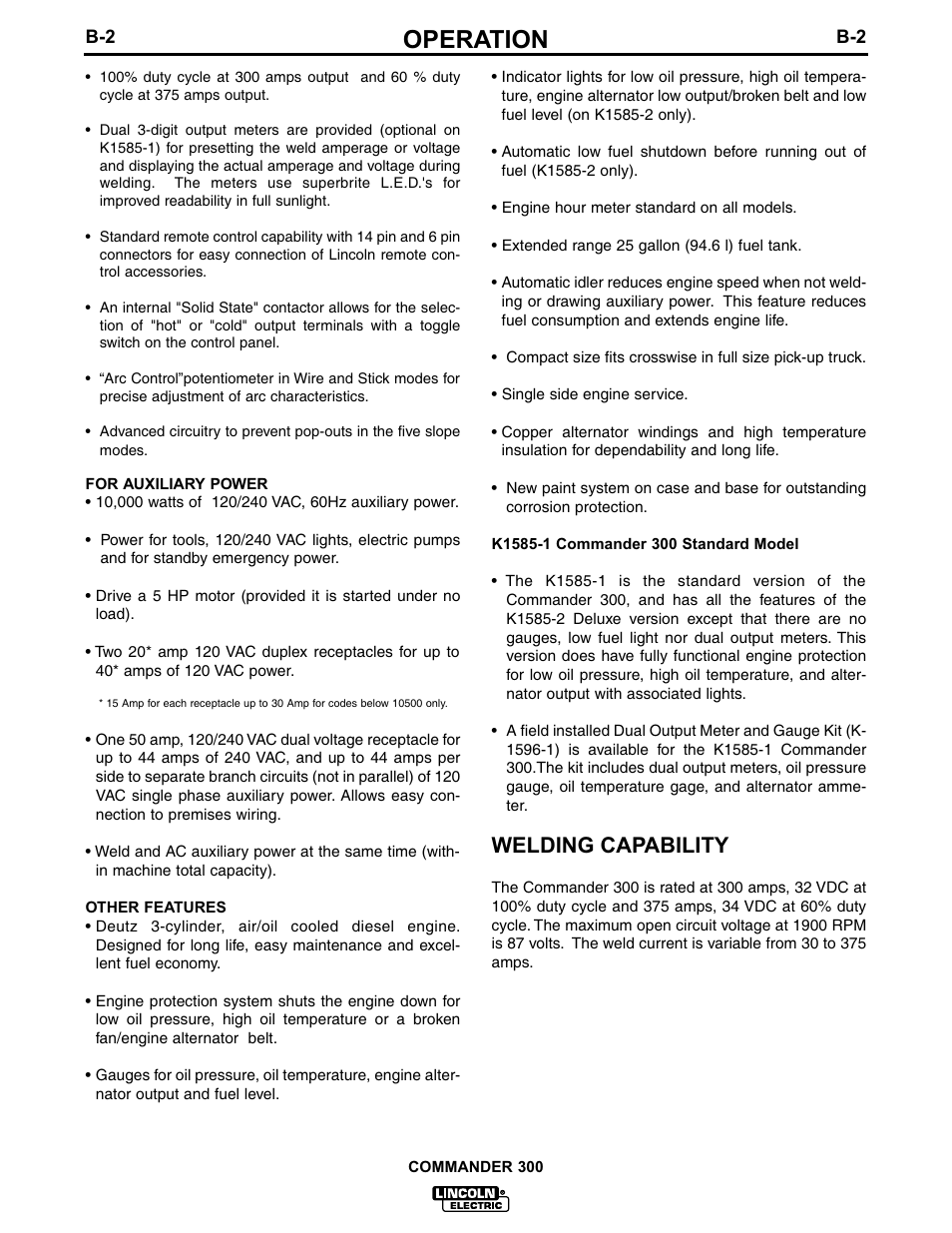 Operation, Welding capability | Lincoln Electric IM601 Commander 300 User Manual | Page 19 / 58