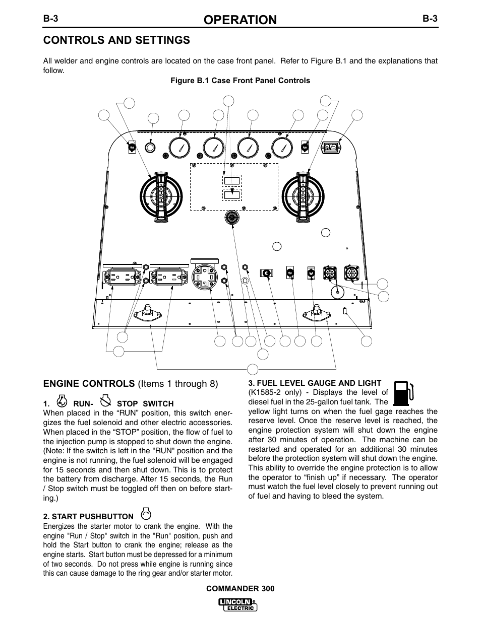 Operation, Controls and settings, B-3 engine controls (items 1 through 8) | Lincoln Electric IM601 Commander 300 User Manual | Page 20 / 58