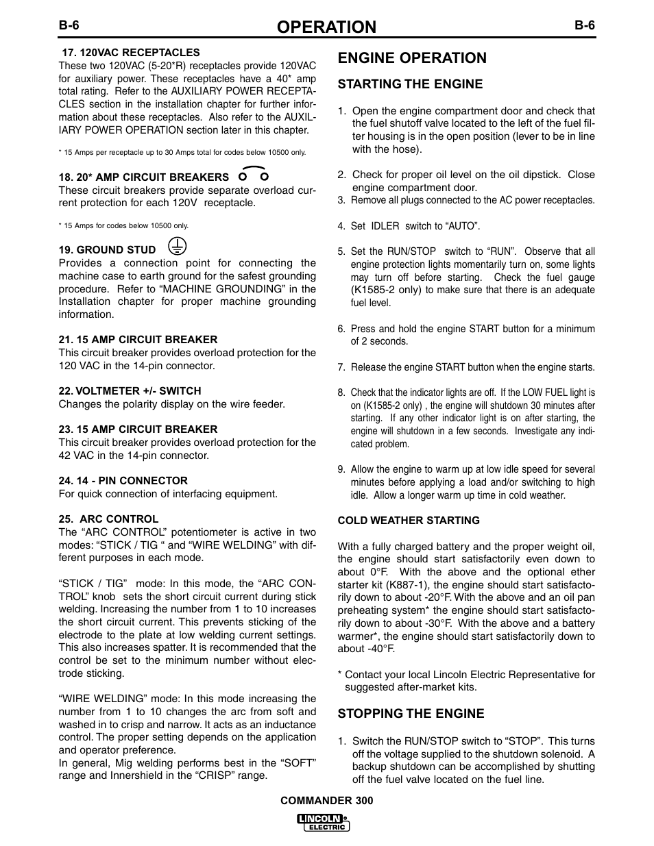 Operation, Engine operation | Lincoln Electric IM601 Commander 300 User Manual | Page 23 / 58