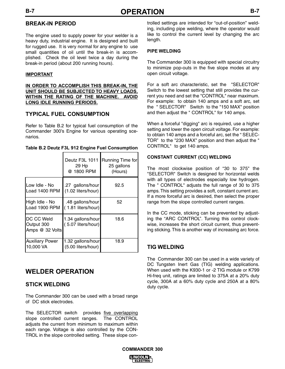 Operation, Welder operation | Lincoln Electric IM601 Commander 300 User Manual | Page 24 / 58