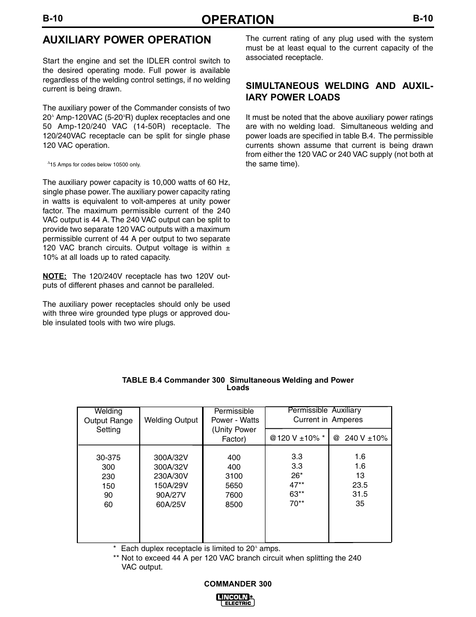 Operation, Auxiliary power operation | Lincoln Electric IM601 Commander 300 User Manual | Page 27 / 58