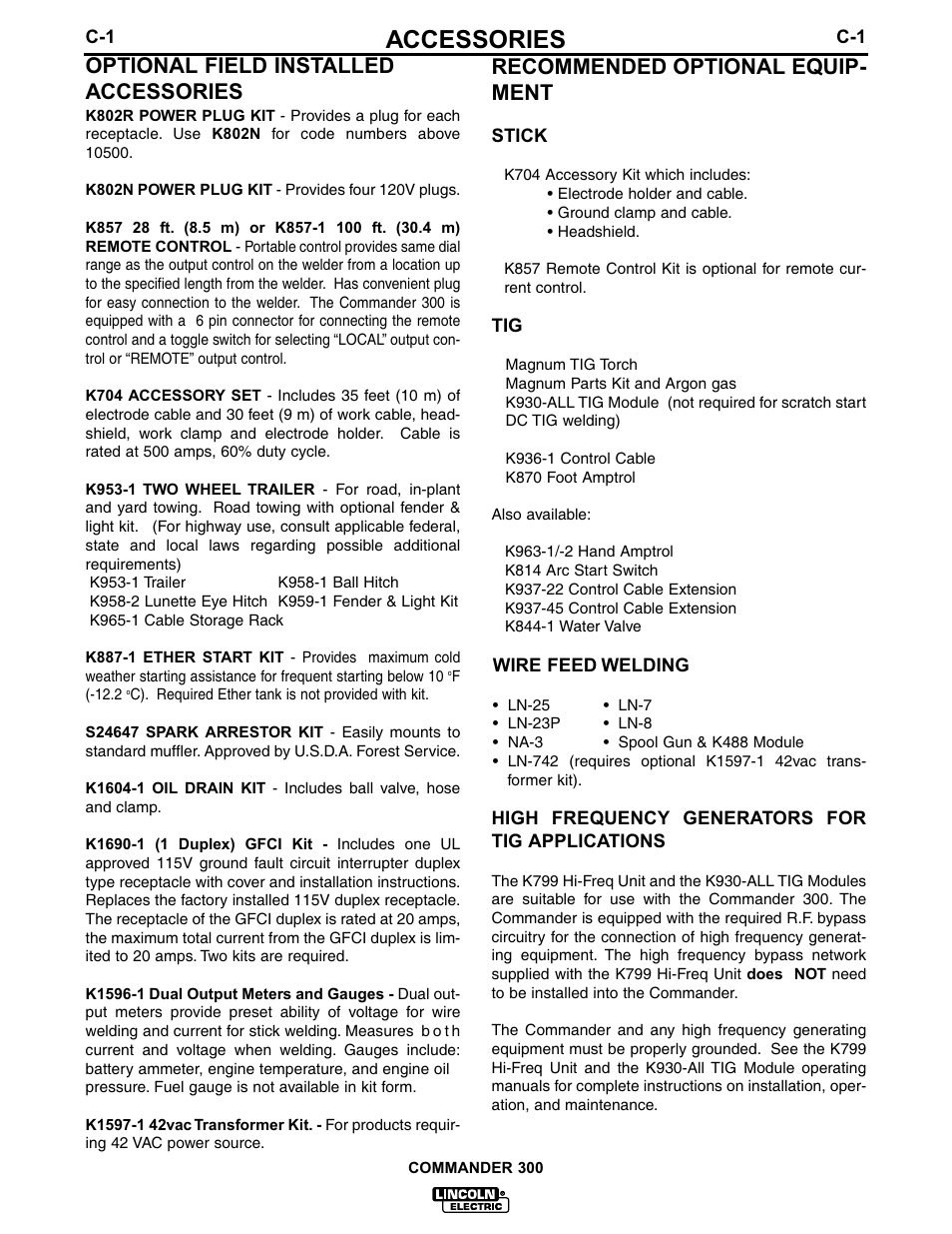 Accessories, Optional field installed accessories, Recommended optional equip- ment | Lincoln Electric IM601 Commander 300 User Manual | Page 28 / 58