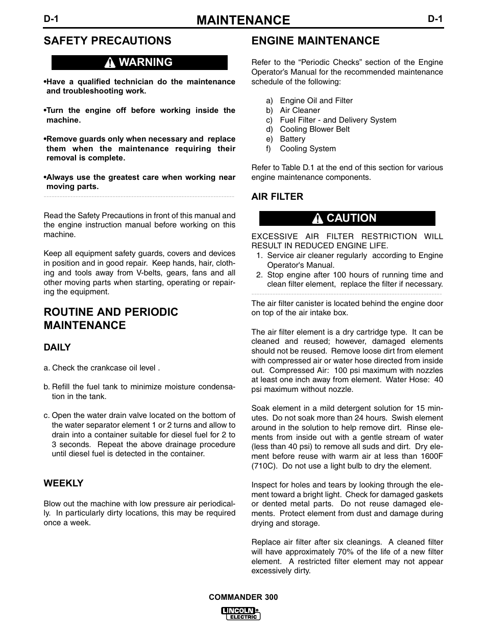 Maintenance, Safety precautions, Routine and periodic maintenance | Engine maintenance, Warning caution | Lincoln Electric IM601 Commander 300 User Manual | Page 29 / 58