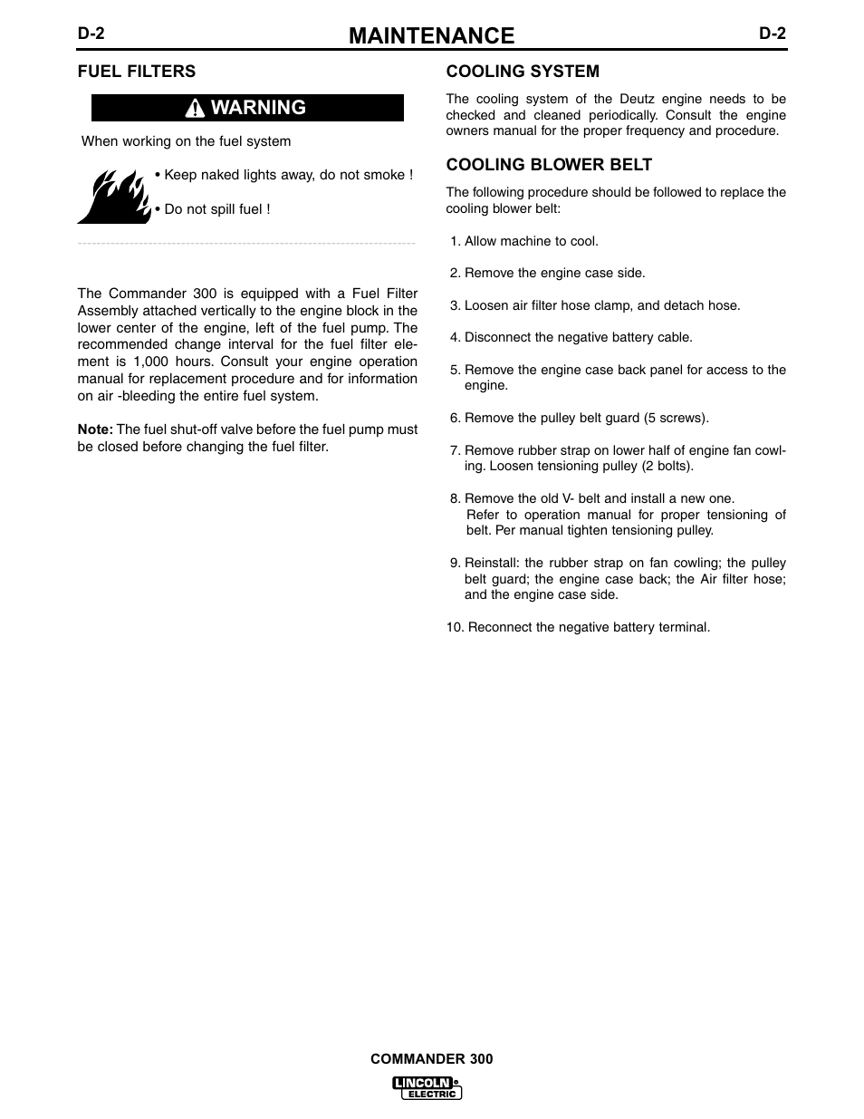 Maintenance, Warning | Lincoln Electric IM601 Commander 300 User Manual | Page 30 / 58