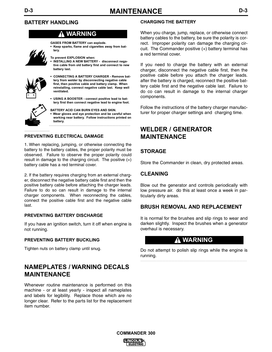 Maintenance, Nameplates / warning decals maintenance, Welder / generator maintenance | Warning | Lincoln Electric IM601 Commander 300 User Manual | Page 31 / 58