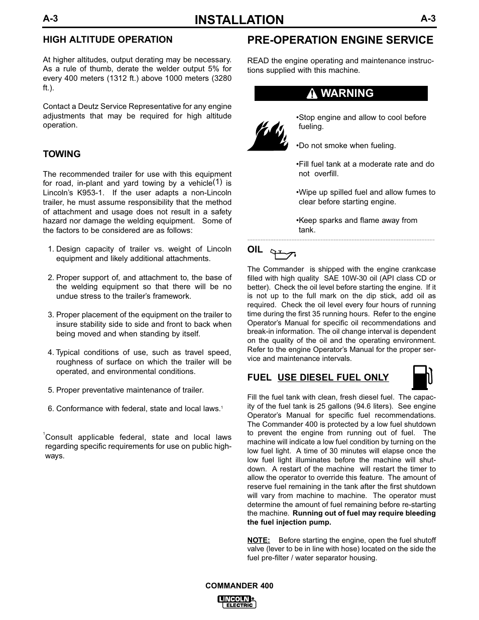 Installation, Pre-operation engine service, Warning | Lincoln Electric IM544 Commander 400 User Manual | Page 10 / 48