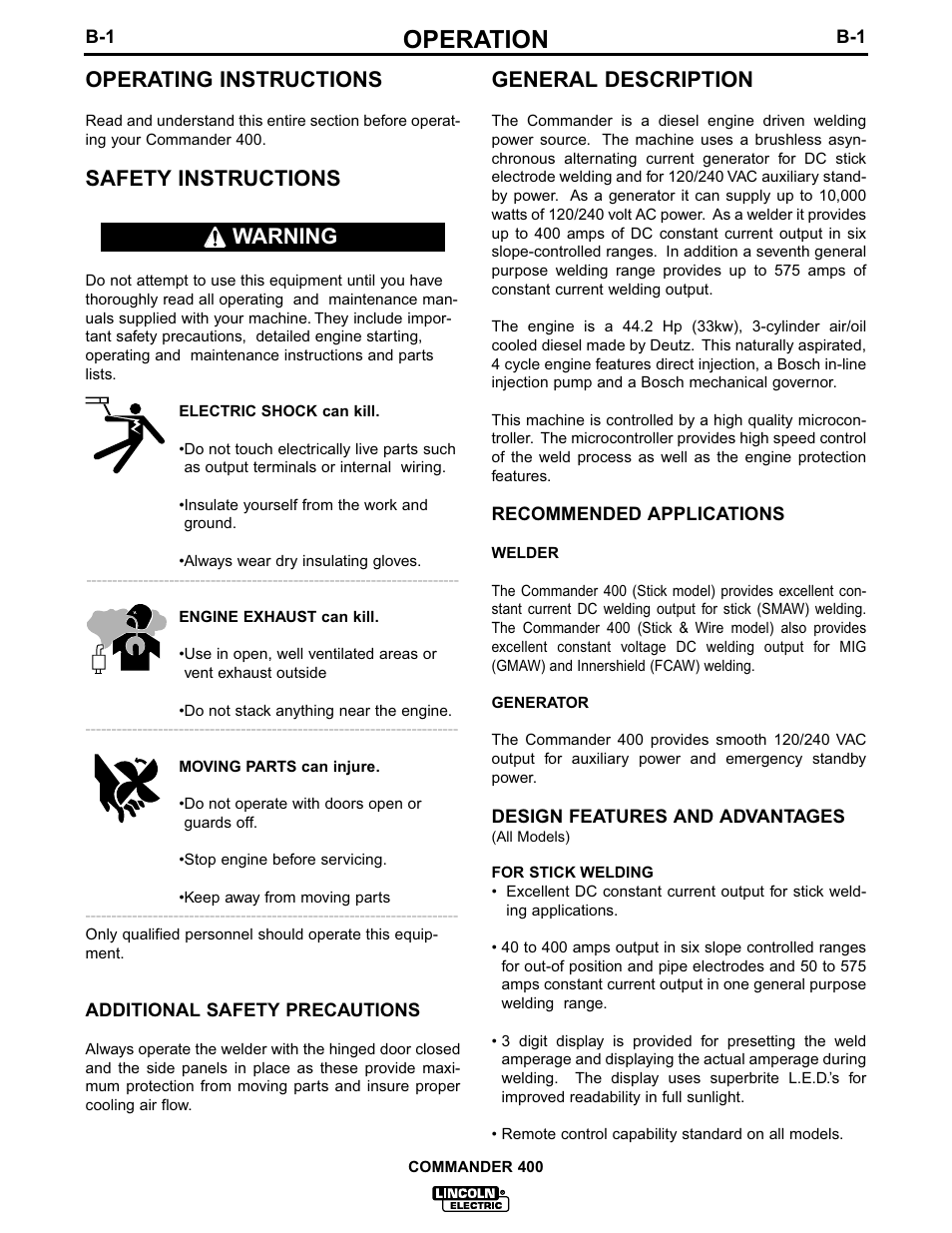 Operation, Operating instructions, Safety instructions | General description, Warning | Lincoln Electric IM544 Commander 400 User Manual | Page 14 / 48