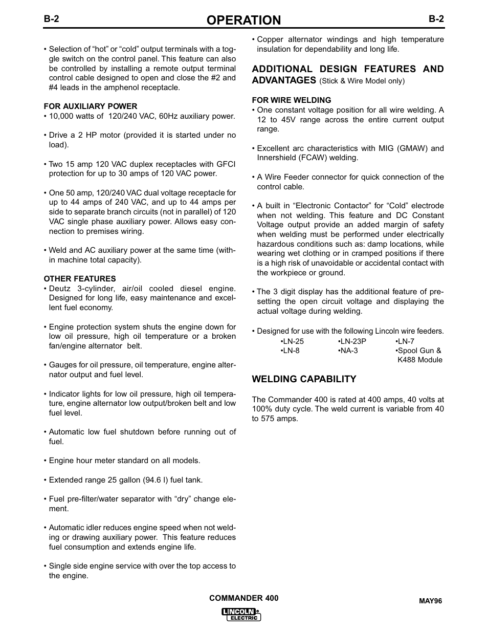 Operation | Lincoln Electric IM544 Commander 400 User Manual | Page 15 / 48