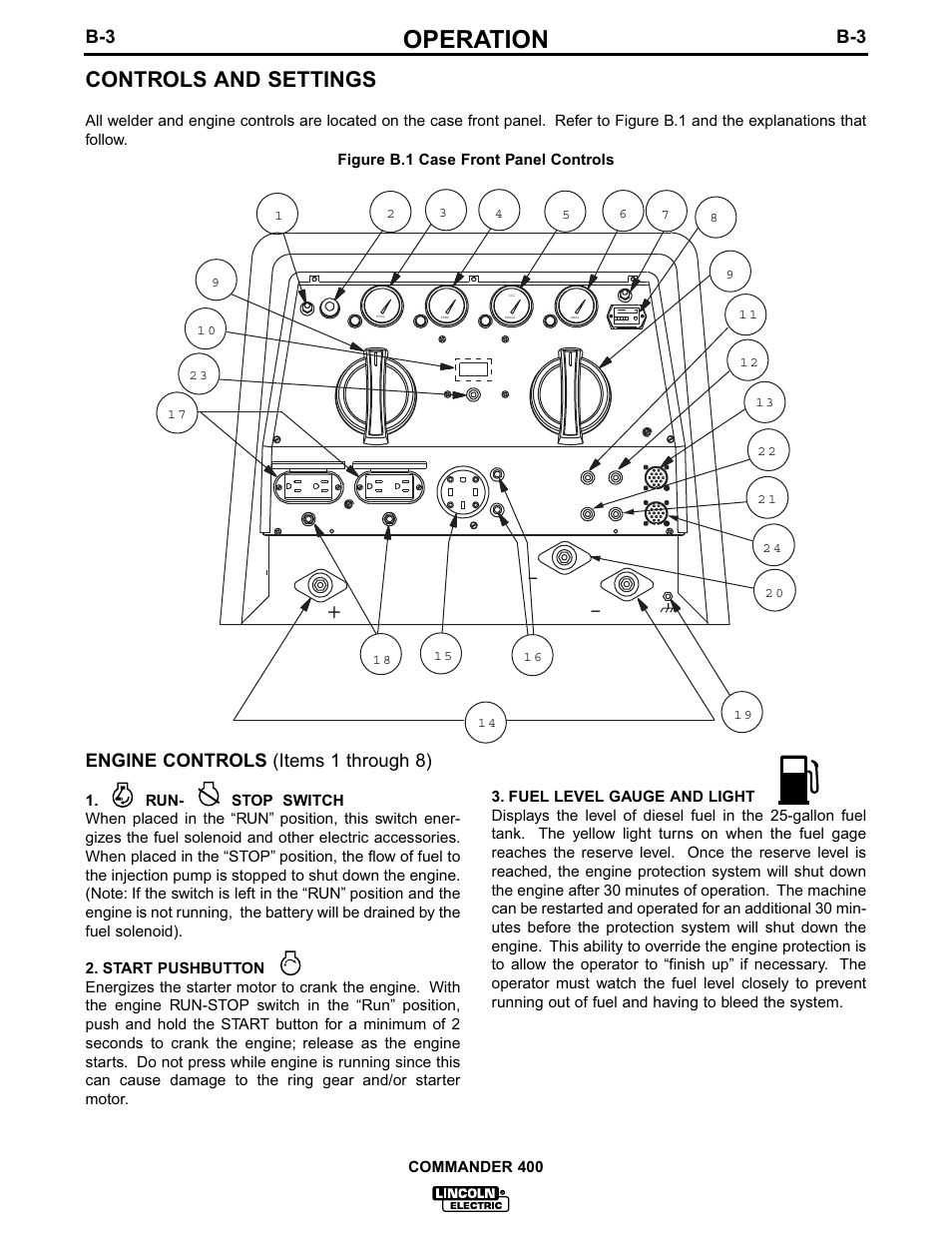 Operation, Controls and settings, B-3 engine controls (items 1 through 8) | Lincoln Electric IM544 Commander 400 User Manual | Page 16 / 48