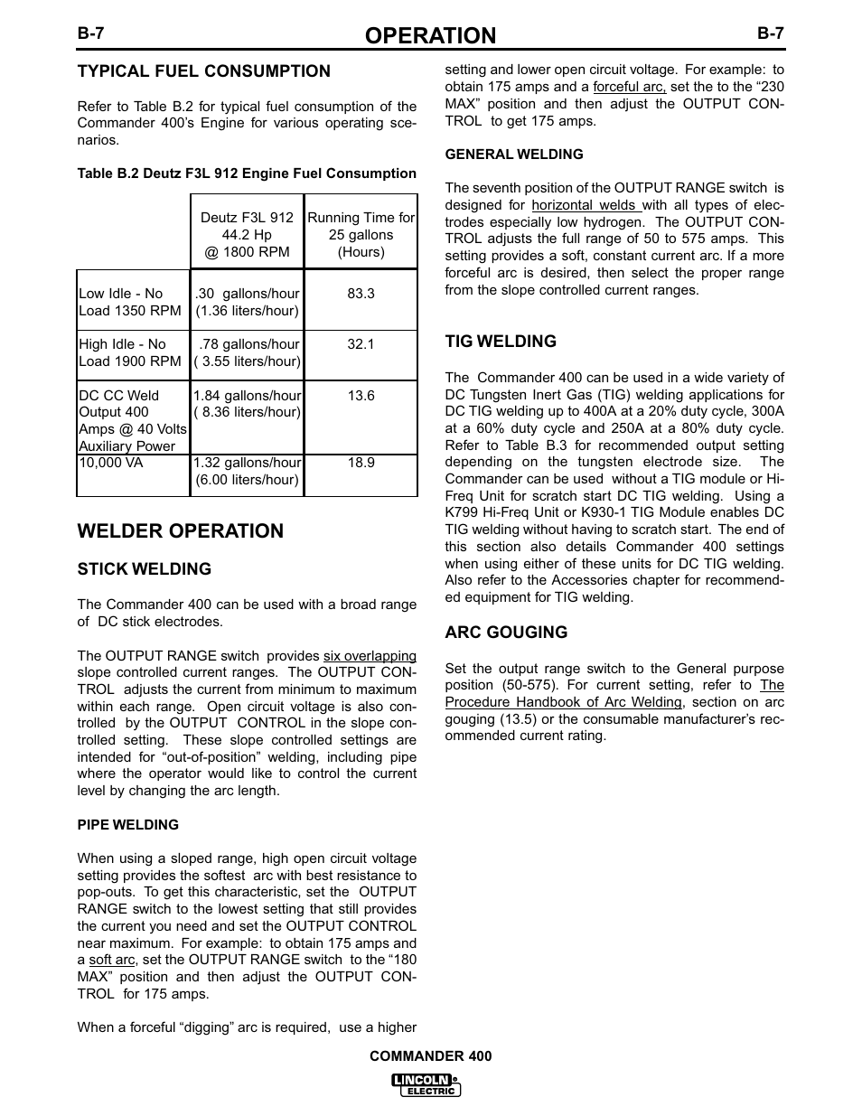 Operation, Welder operation | Lincoln Electric IM544 Commander 400 User Manual | Page 20 / 48