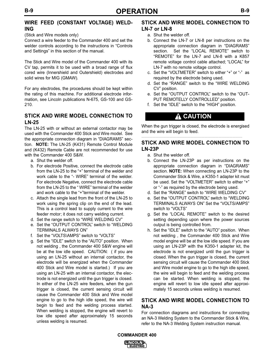 Operation, Caution | Lincoln Electric IM544 Commander 400 User Manual | Page 22 / 48