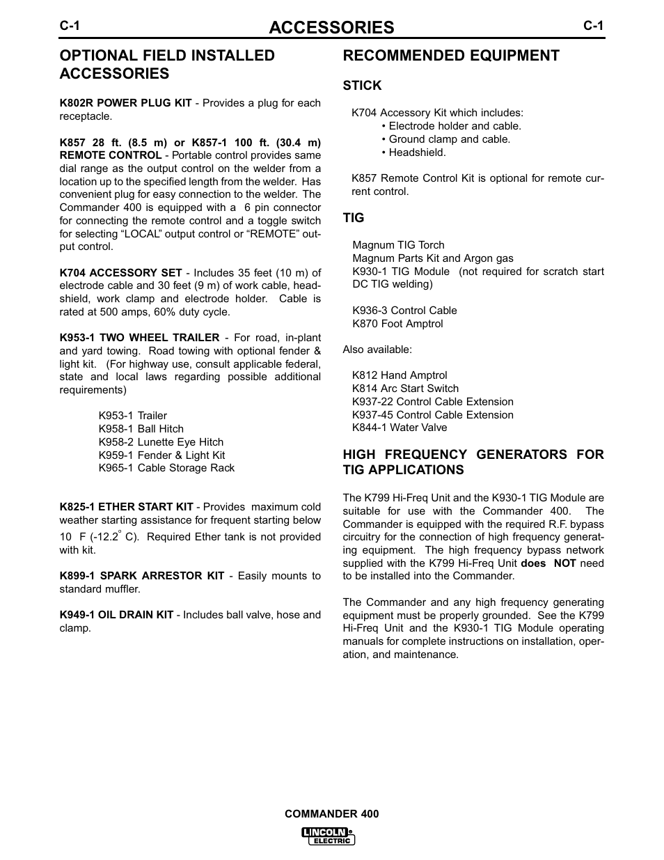 Accessories, Optional field installed accessories, Recommended equipment | Lincoln Electric IM544 Commander 400 User Manual | Page 24 / 48