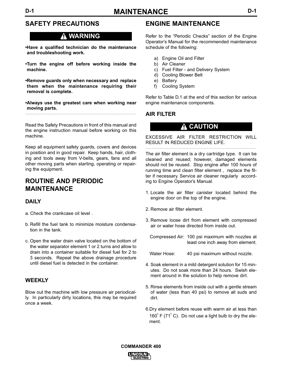 Maintenance, Safety precautions, Routine and periodic maintenance | Engine maintenance, Warning caution | Lincoln Electric IM544 Commander 400 User Manual | Page 25 / 48