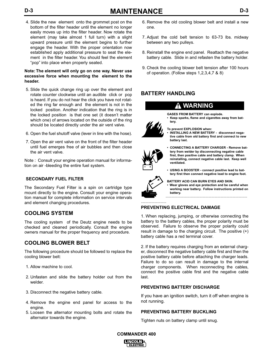 Maintenance, Warning, Cooling system | Cooling blower belt, Battery handling | Lincoln Electric IM544 Commander 400 User Manual | Page 27 / 48