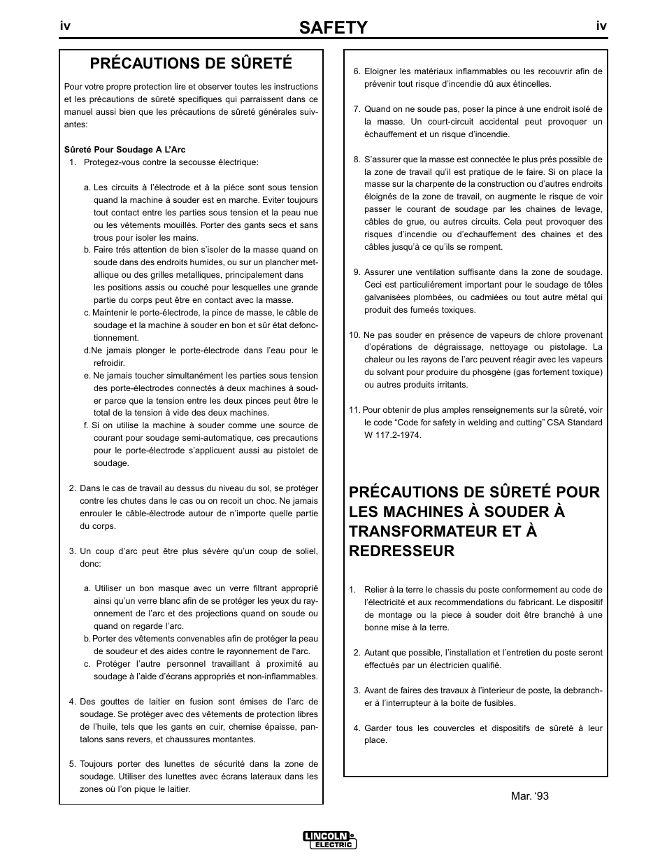 Safety, Précautions de sûreté | Lincoln Electric IM544 Commander 400 User Manual | Page 5 / 48