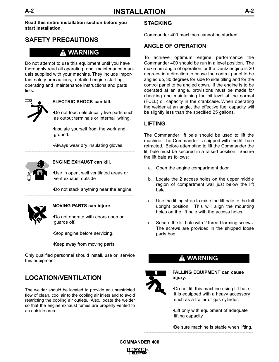Installation, Safety precautions, Location/ventilation | Warning | Lincoln Electric IM544 Commander 400 User Manual | Page 9 / 48
