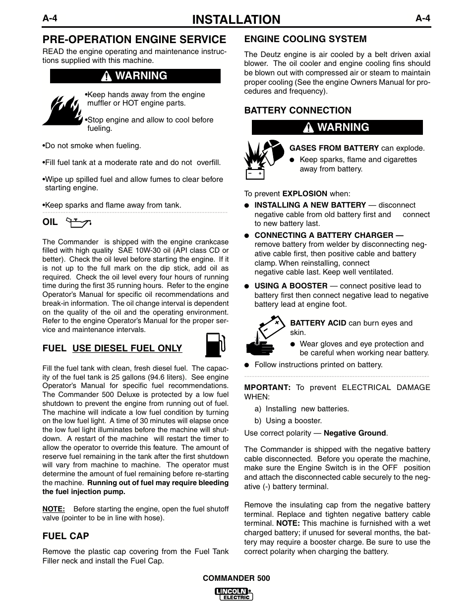 Installation, Pre-operation engine service, Warning | Lincoln Electric IM644 Commander 500 User Manual | Page 12 / 54