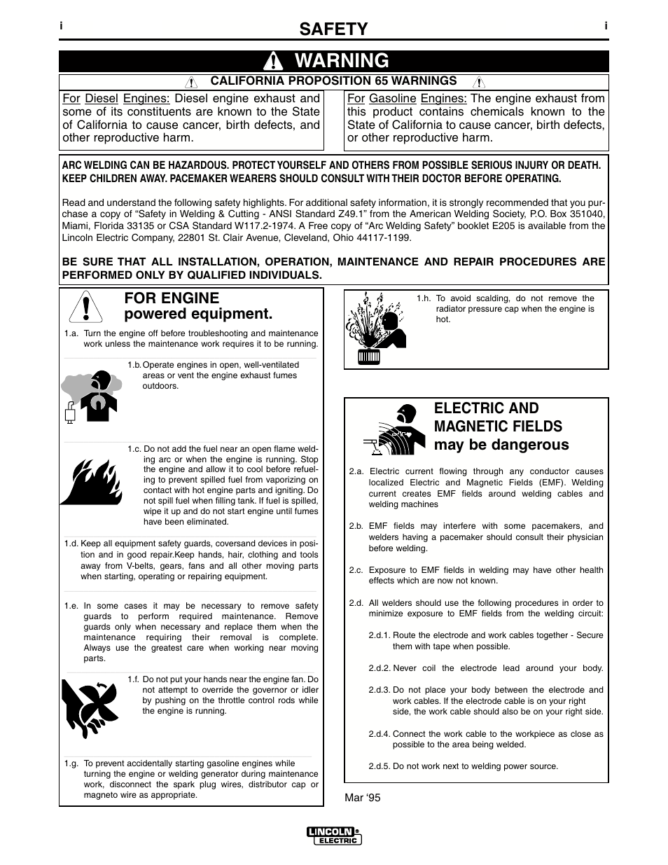 Warning, Safety, For engine powered equipment | Electric and magnetic fields may be dangerous | Lincoln Electric IM644 Commander 500 User Manual | Page 2 / 54