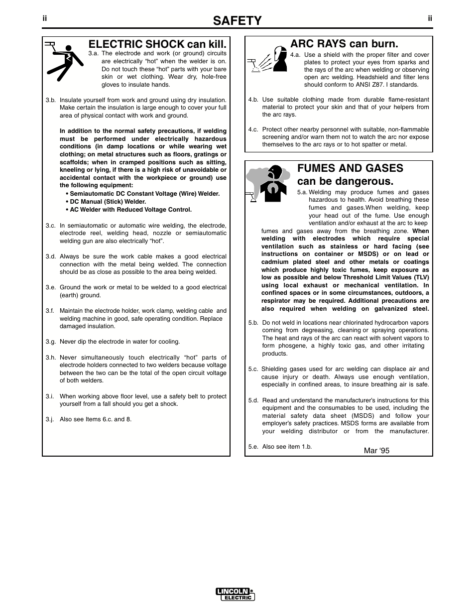 Safety, Arc rays can burn, Electric shock can kill | Fumes and gases can be dangerous | Lincoln Electric IM644 Commander 500 User Manual | Page 3 / 54