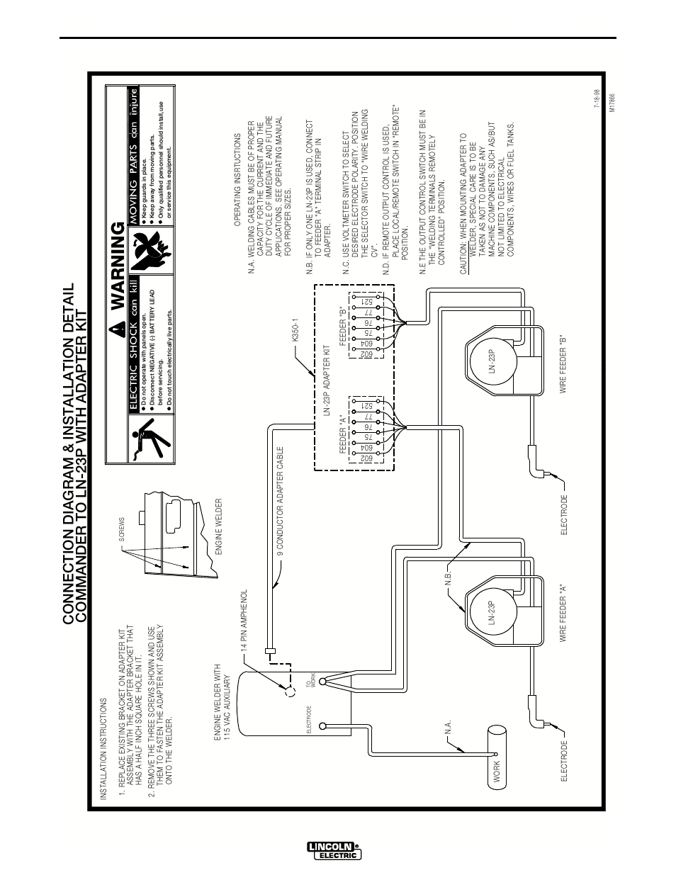 Diagrams, Warning, Connection diagram | Commander 500, Commander to ln-23p with adapter kit, Connection diagram & installation detail | Lincoln Electric IM644 Commander 500 User Manual | Page 43 / 54