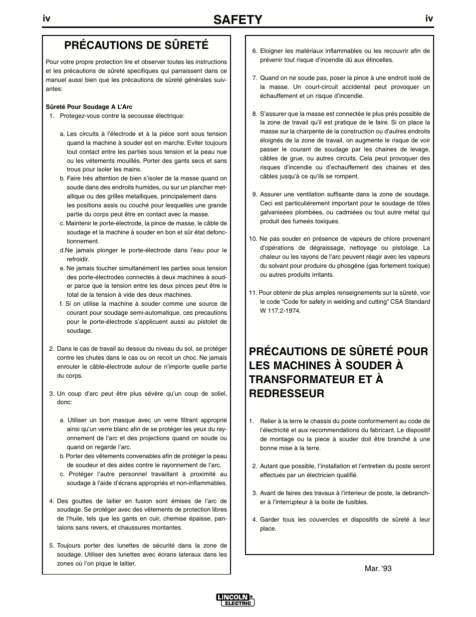 Safety, Précautions de sûreté | Lincoln Electric IM644 Commander 500 User Manual | Page 5 / 54