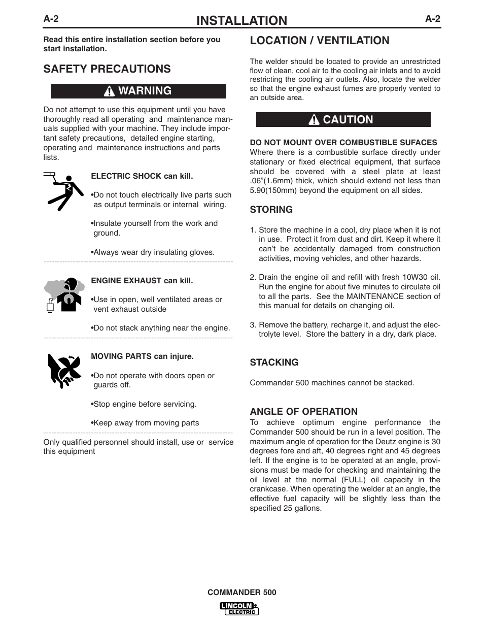 Installation, Safety precautions, Location / ventilation | Warning caution | Lincoln Electric IM699 Commander 500 User Manual | Page 10 / 56