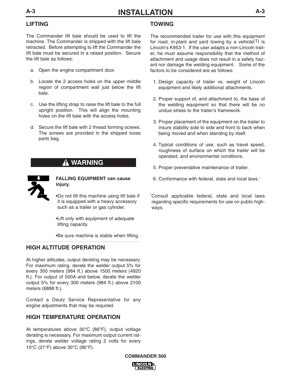 Installation, Warning | Lincoln Electric IM699 Commander 500 User Manual | Page 11 / 56