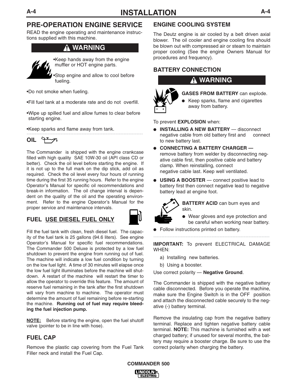 Installation, Pre-operation engine service, Warning | Lincoln Electric IM699 Commander 500 User Manual | Page 12 / 56