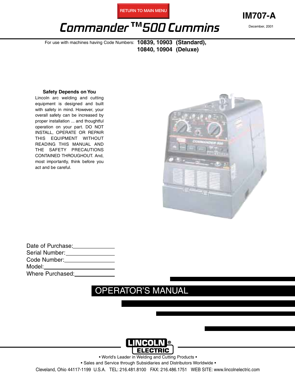 Lincoln Electric IM707 Commander 500 User Manual | 56 pages