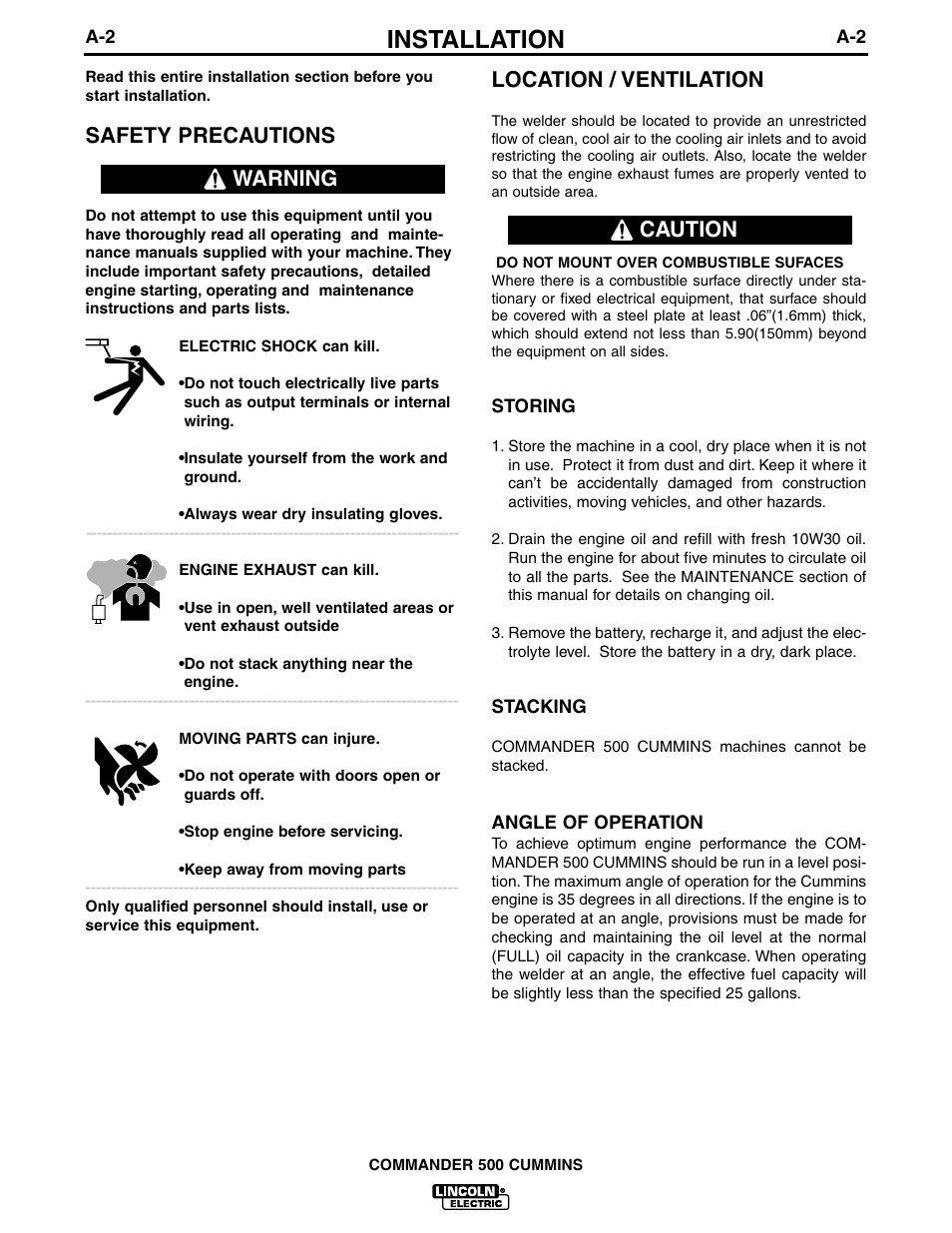 Installation, Safety precautions, Location / ventilation | Warning caution | Lincoln Electric IM707 Commander 500 User Manual | Page 10 / 56