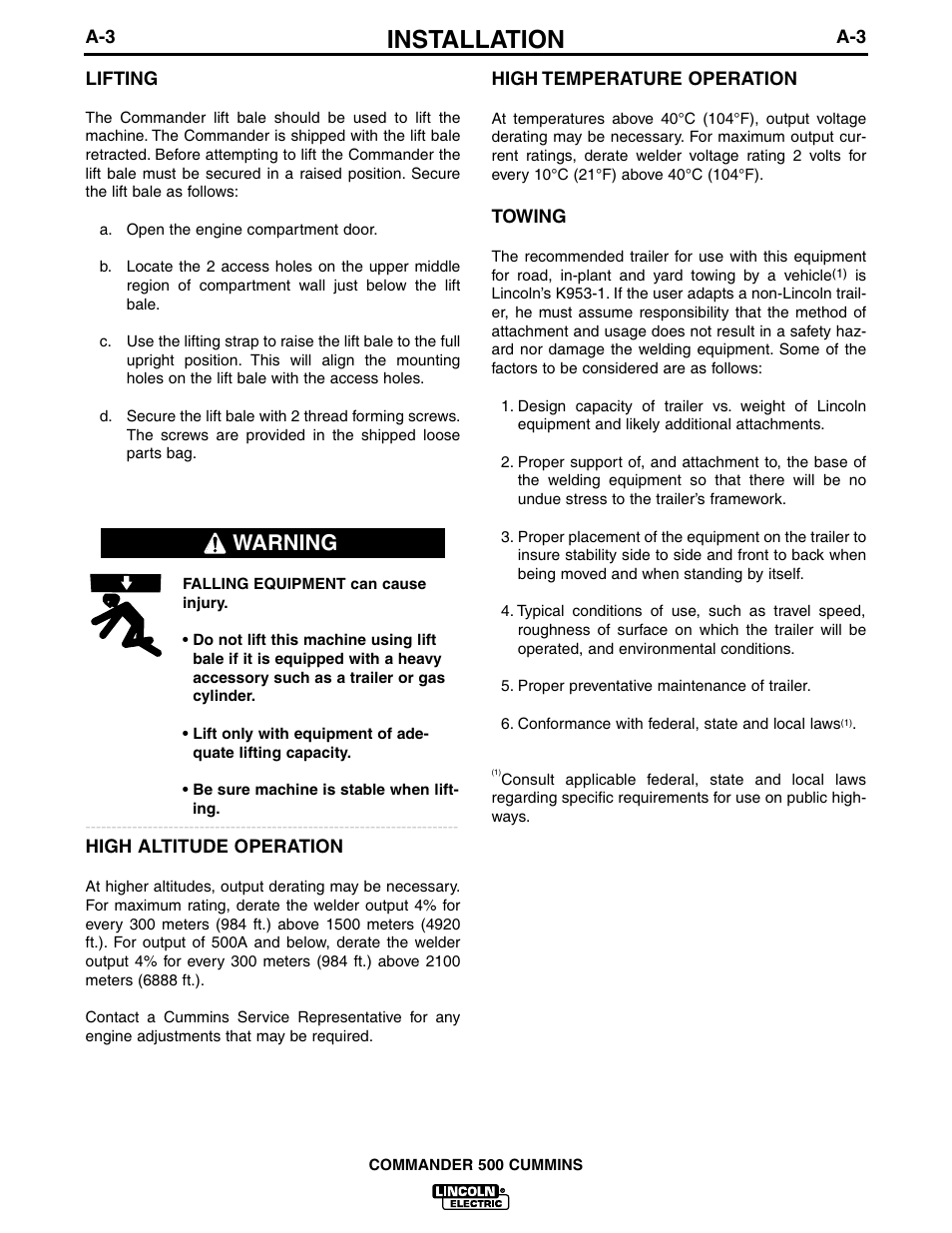 Installation, Warning | Lincoln Electric IM707 Commander 500 User Manual | Page 11 / 56