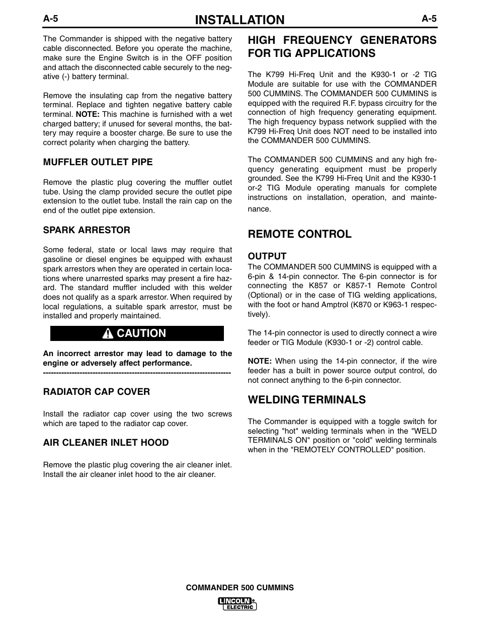 Installation, High frequency generators for tig applications, Remote control | Welding terminals, Caution | Lincoln Electric IM707 Commander 500 User Manual | Page 13 / 56