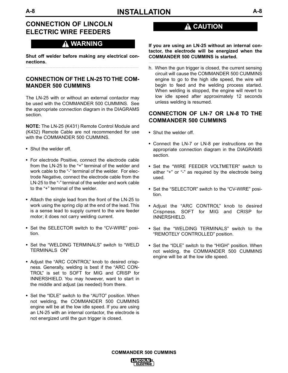 Installation, Connection of lincoln electric wire feeders, Warning caution | Lincoln Electric IM707 Commander 500 User Manual | Page 16 / 56