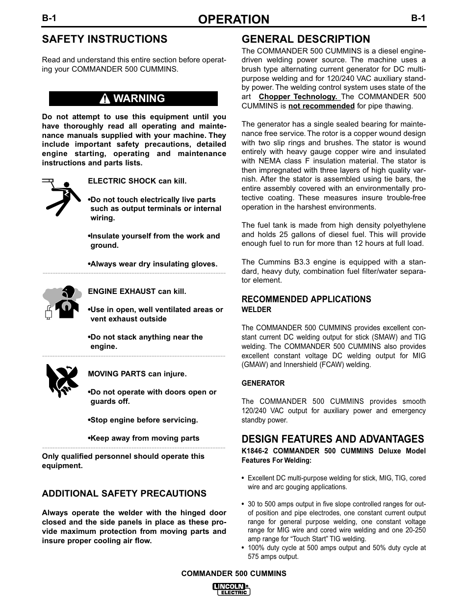 Operation, Safety instructions, General description | Design features and advantages, Warning | Lincoln Electric IM707 Commander 500 User Manual | Page 18 / 56