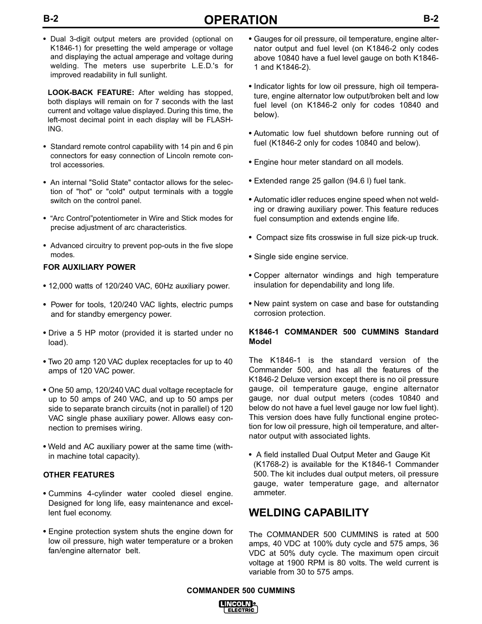 Operation, Welding capability | Lincoln Electric IM707 Commander 500 User Manual | Page 19 / 56