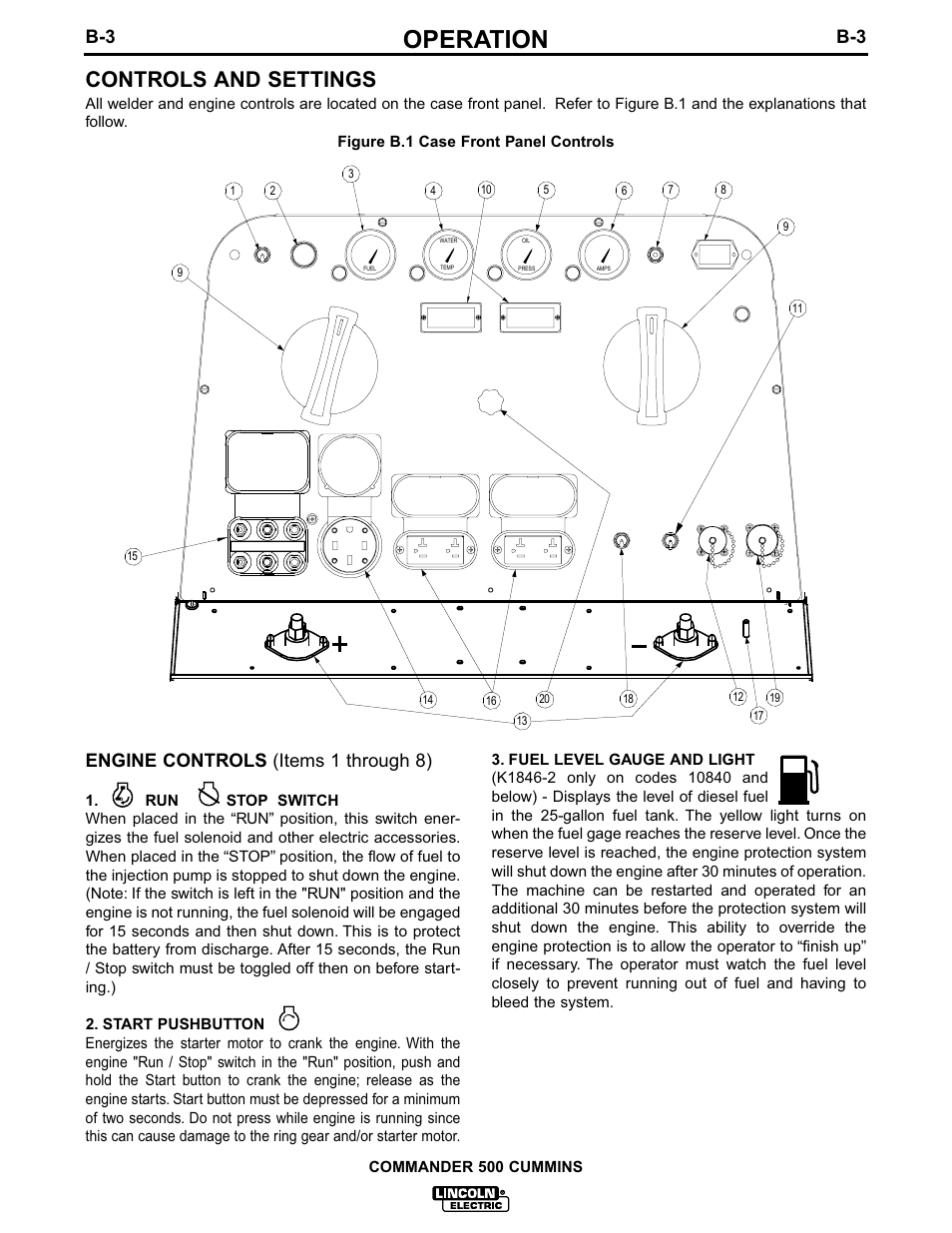 Operation, Controls and settings, B-3 engine controls (items 1 through 8) | Lincoln Electric IM707 Commander 500 User Manual | Page 20 / 56