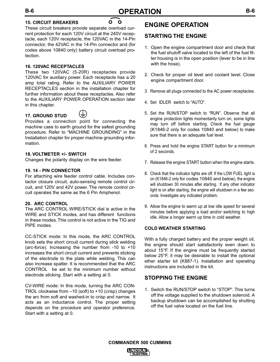 Operation, Engine operation | Lincoln Electric IM707 Commander 500 User Manual | Page 23 / 56